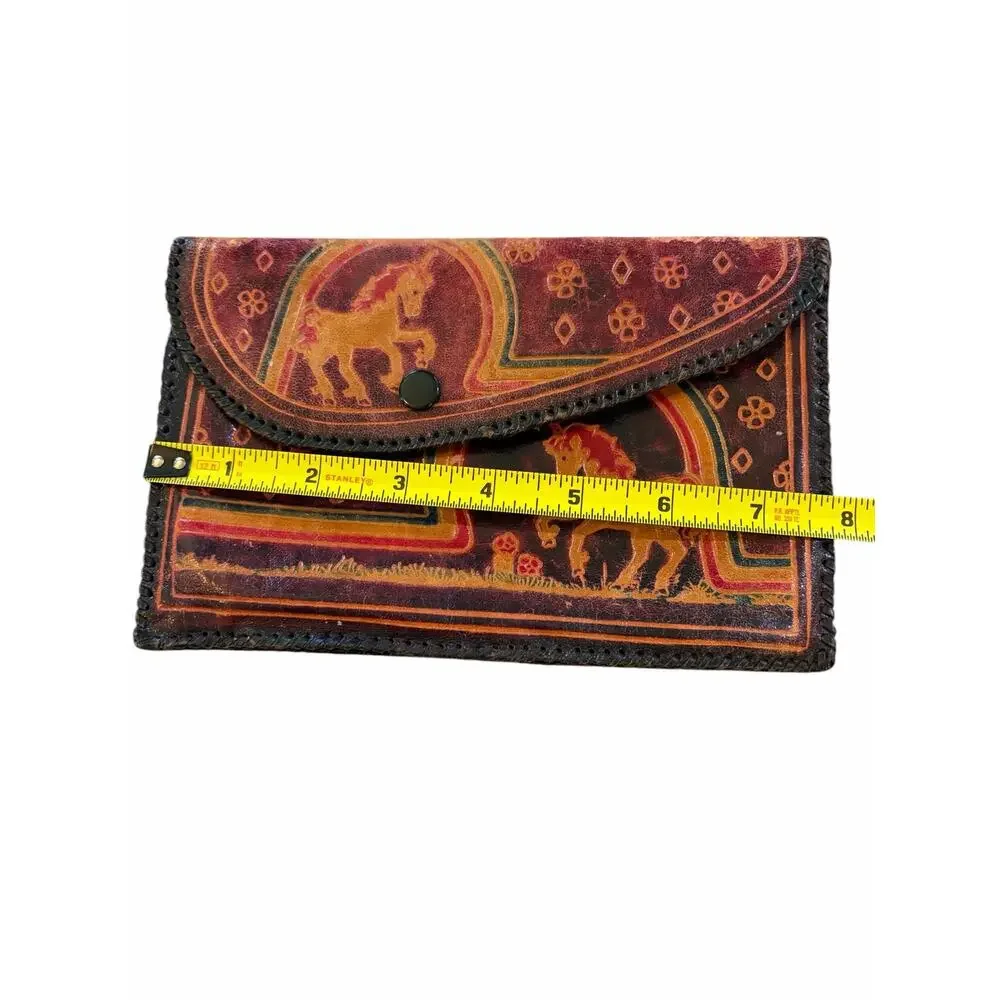 Vintage Shantiniketan Tooled Leather Unicorn Clutch Wallet Boho Handcrafted